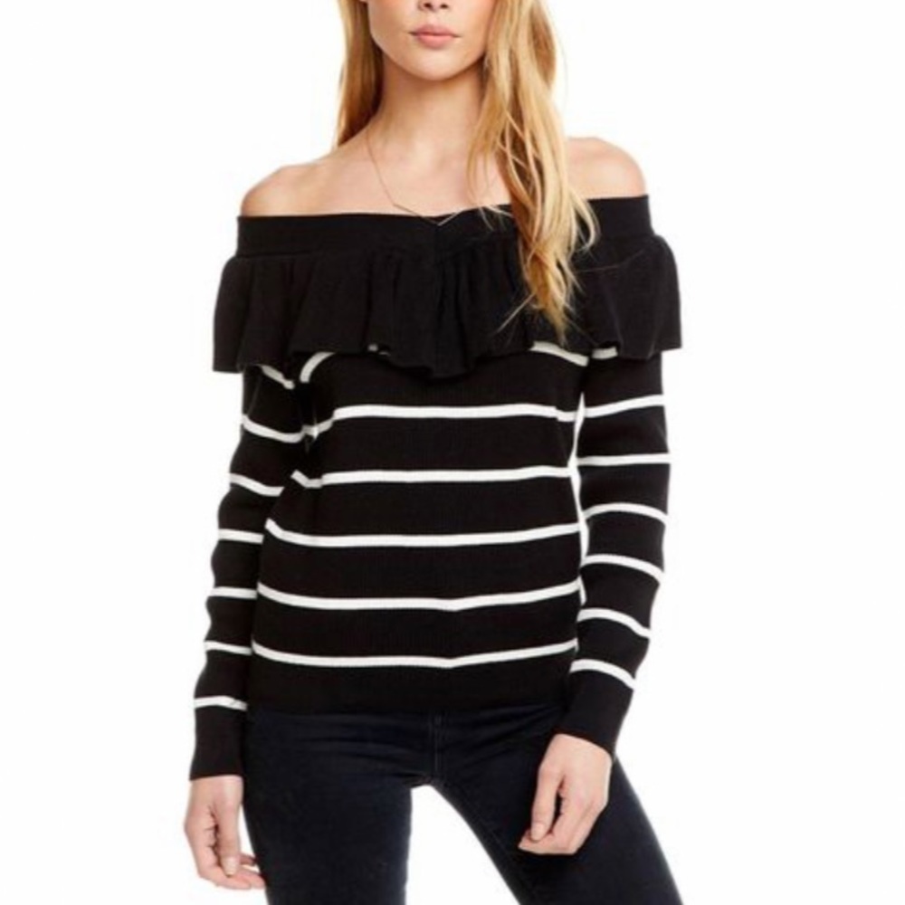 NWT Chaser Ruffle Striped Rib Off Shoulder Sweater